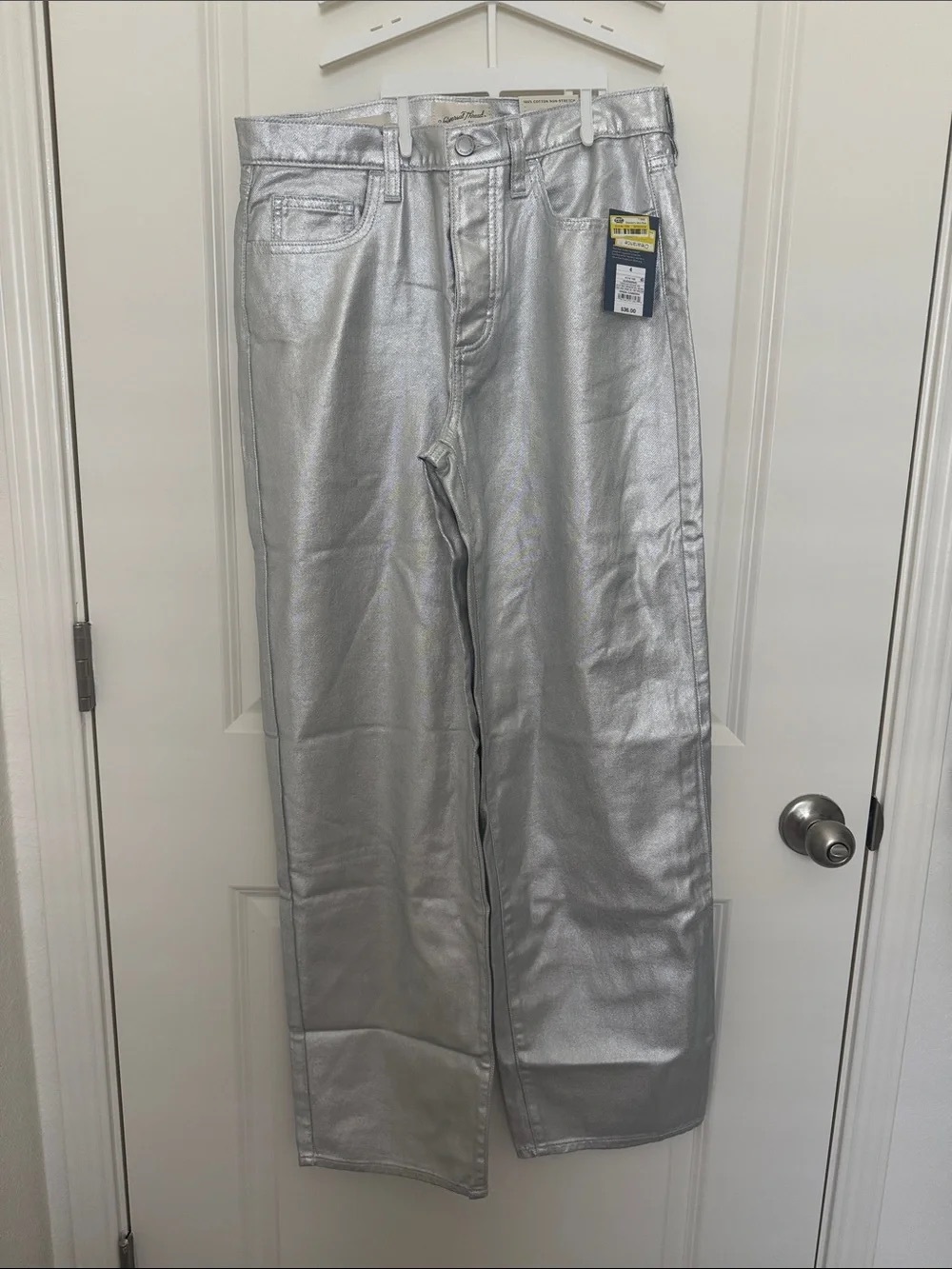 Silver Metallic High-Rise Straight Jeans